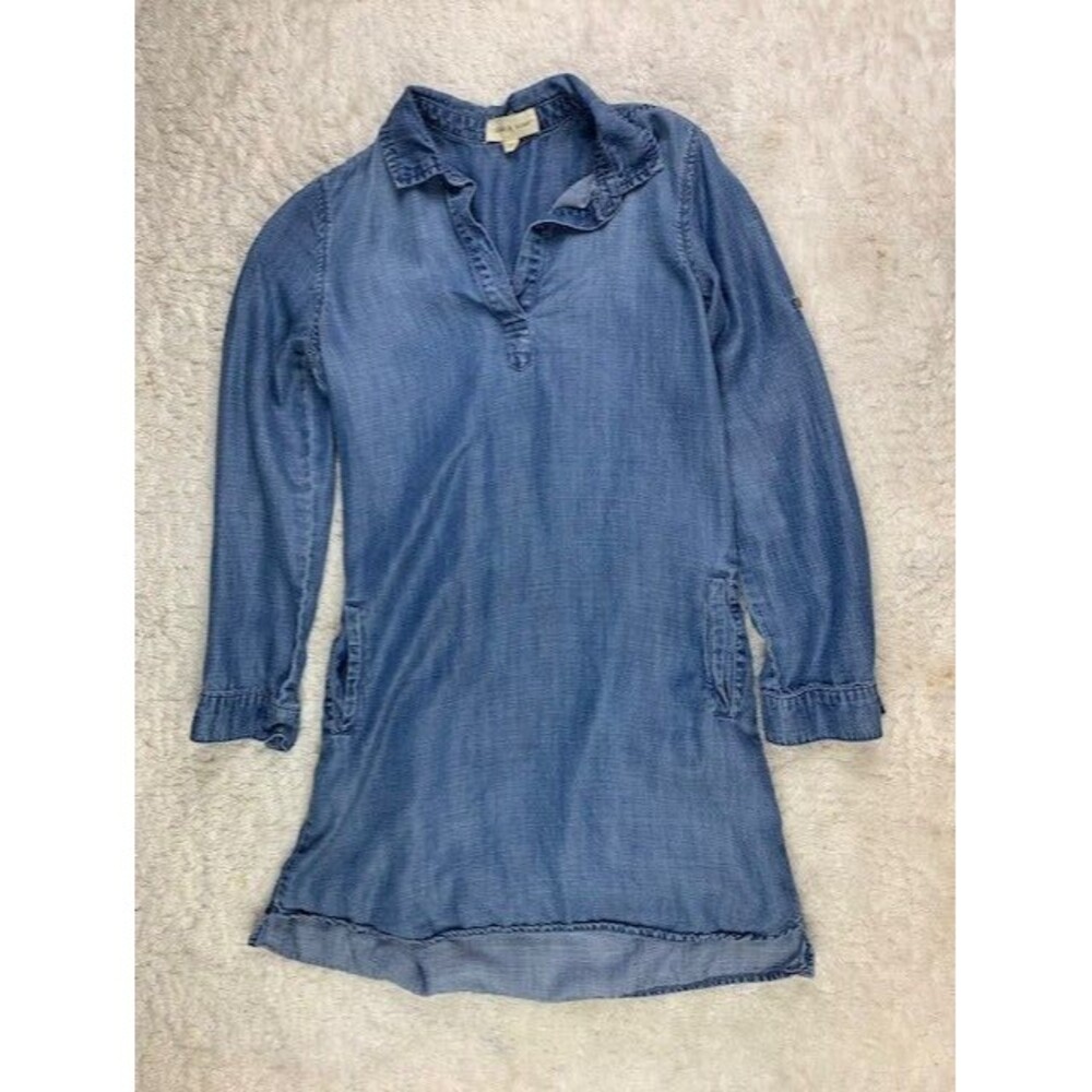 Cloth & Stone Size XS Womens Denim Jean Dress Tunic High Low Hem Roll Up Sleeves
